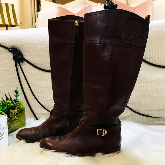 TORY BURCH TALL LOGO BROWN LEATHER RIDING EQUESTRIAN BOOTS sz 8M, AMAZING! - Picture 3 of 16